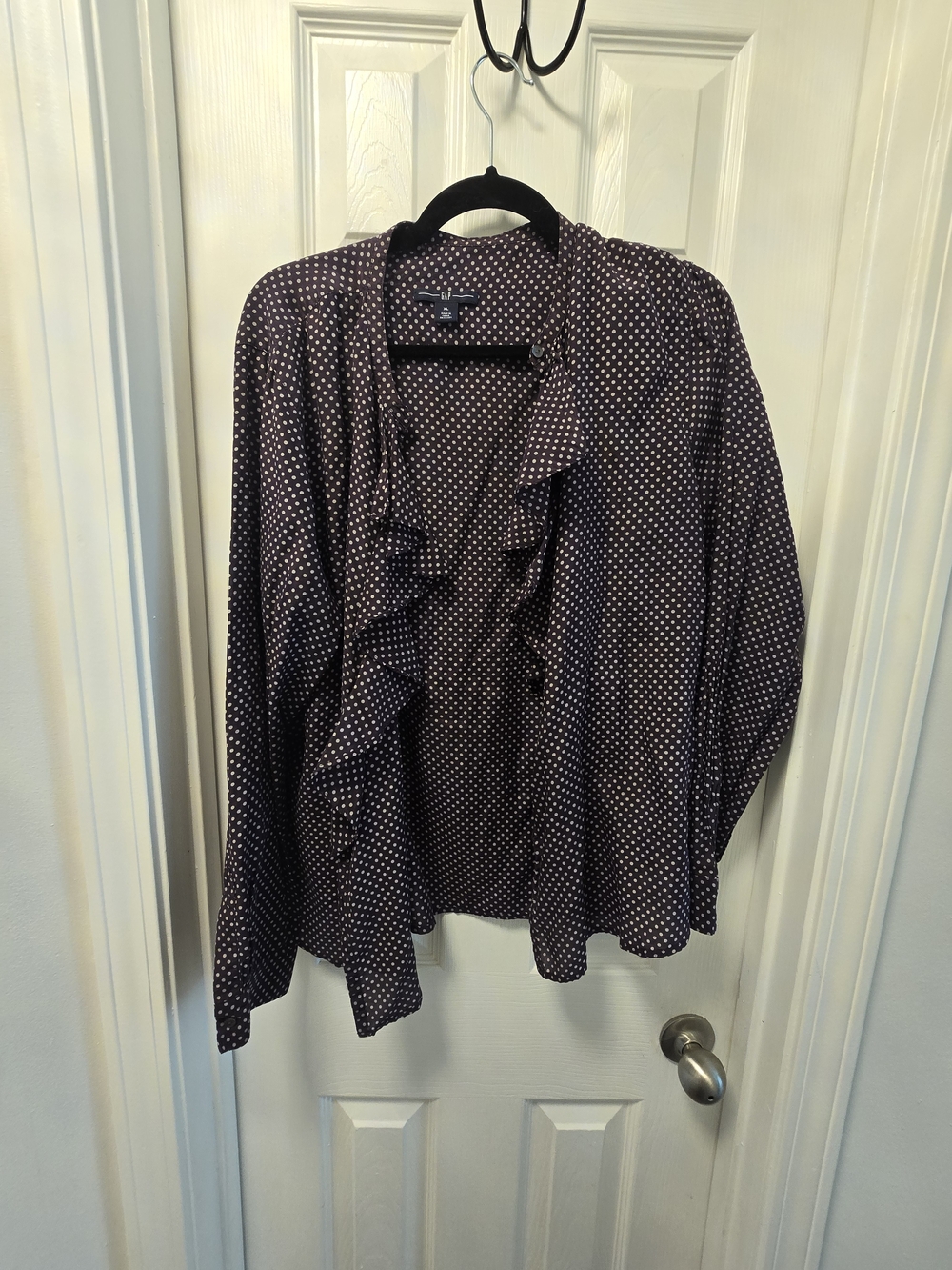 LC Lauren Conrad Navy Polka Dot Ruffle Front Blouse